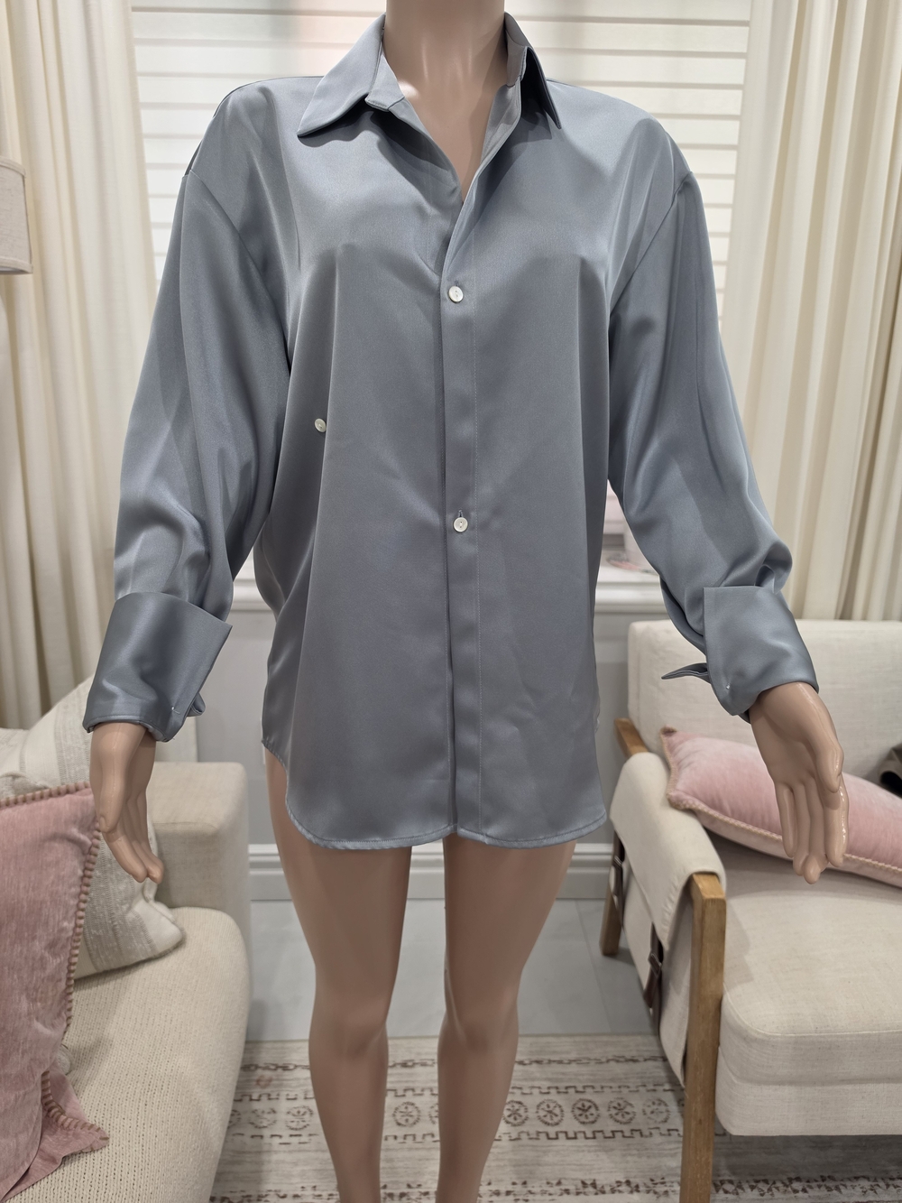 PAPER London Gray Blue Satin Oversized Button Down Shirt Size S